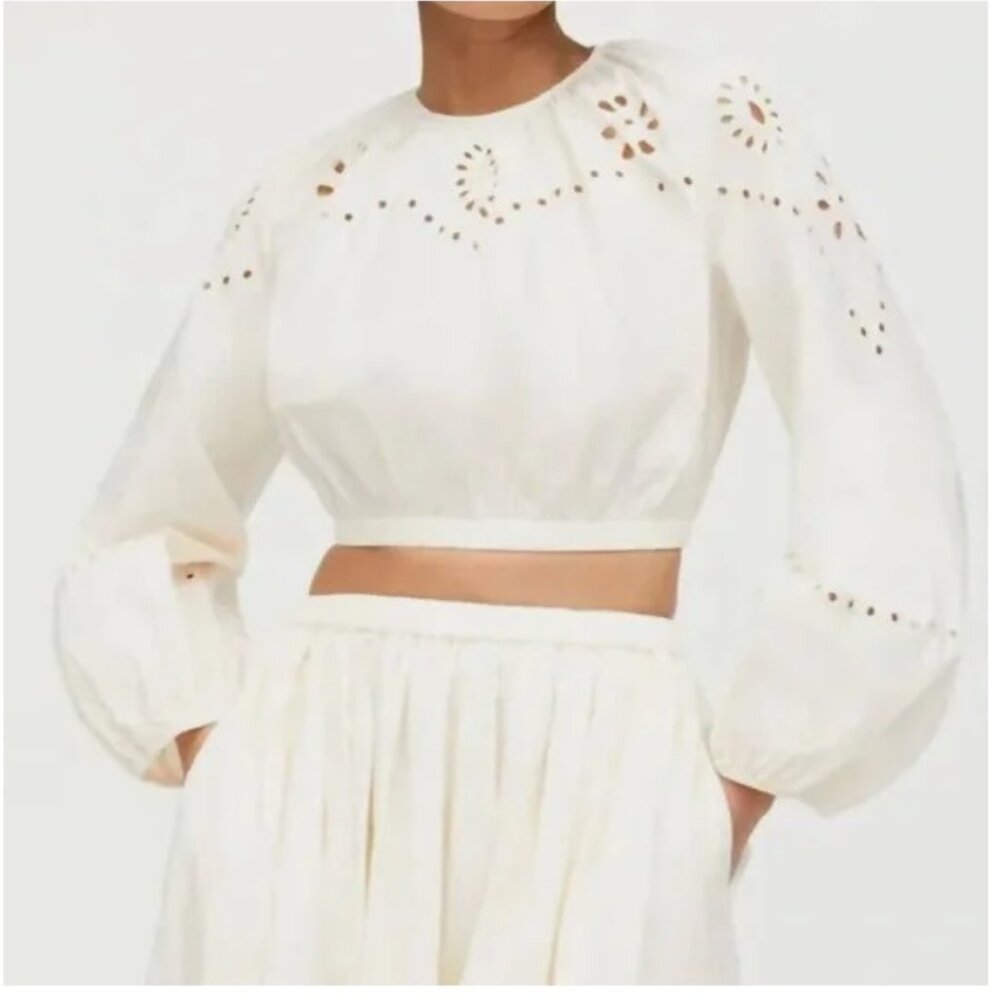 NEW $285 RHODE ADELINE LONG SLEEVE EYELET CROP TOP IN ECRU #2 SIZE L